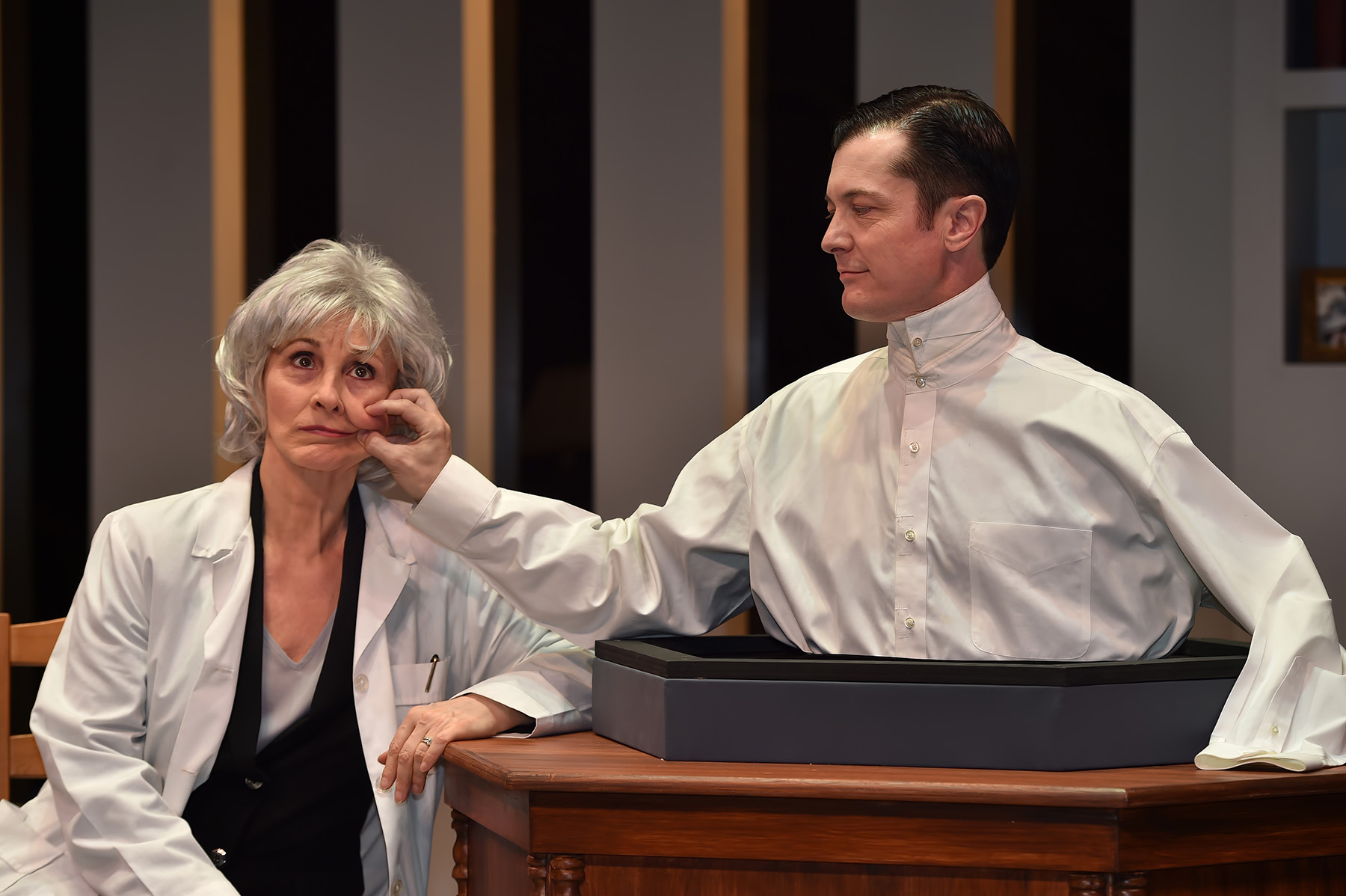 Susan Denaker and Jacob Sidney star in the Uncanny Valley, directed by Caryn Desai at the International City Theatre in Long Beach.